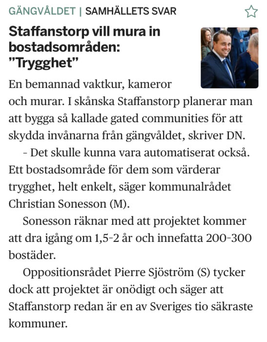 Svensk artikel om Staffanstorps förslag till murade bostadsområden för trygghet, två män i kostymer.