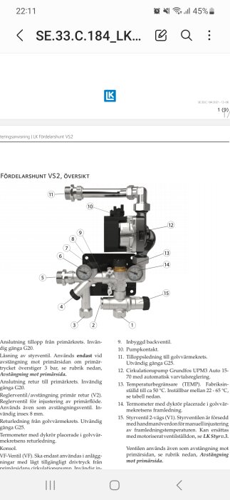 Teknisk ritning av en fördelarshunt (VS2) med numrerade delar och beskrivningar på svenska.
