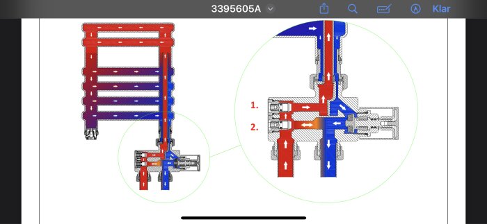 Teknisk ritning av ett värmesystem med flödesvägar och detaljerad sektion av anslutningspunkter.