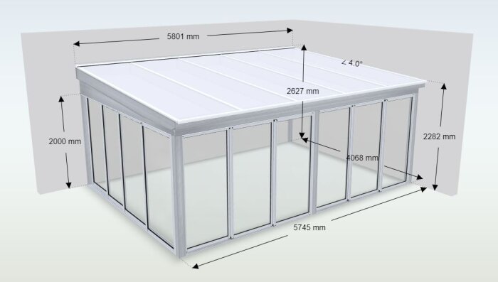 3D-modell av en konstruktion med måttangivelser, genomskärning och lutande tak.
