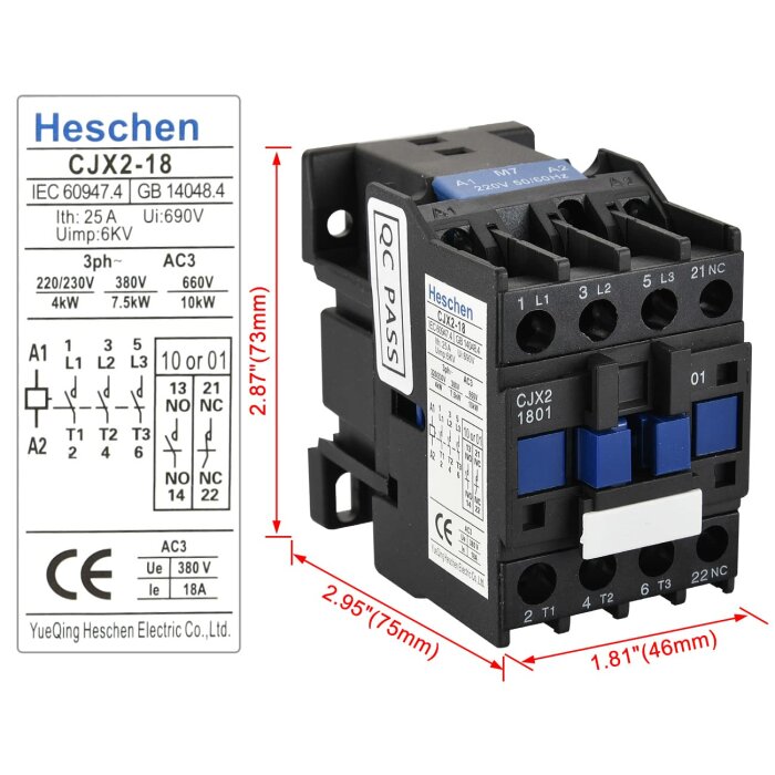 Elektrisk kontaktor, tekniska specifikationer, svart och blått, måttmarkeringar, CE-märkning, märke Heschen.