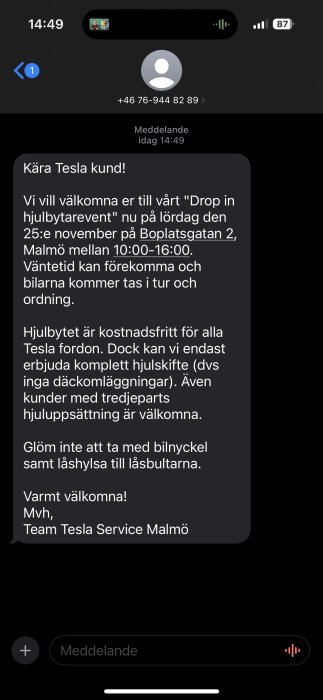 Skärmdump av meddelande till Tesla-kund om kostnadsfritt hjulbyte event i Malmö.