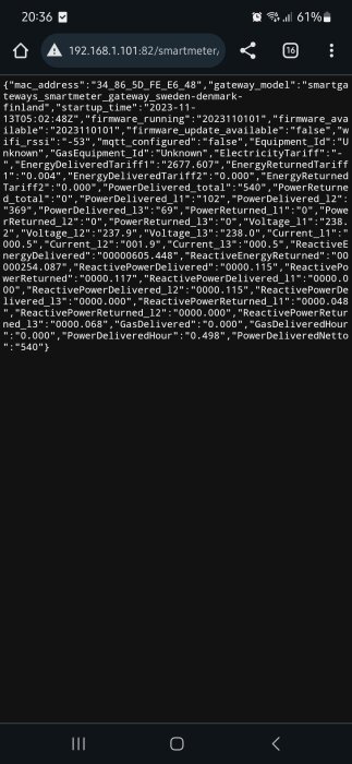 Skärmdump av mobil visar JSON-data för en smart el-mätare med IP-adress i webbläsaren.