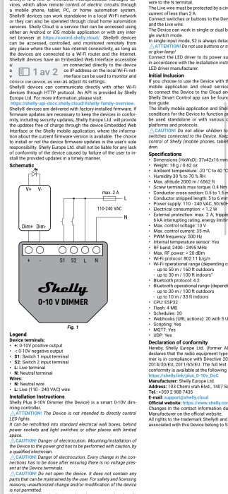 Produktmanual för Shelly 0-10V Dimmer med schema, säkerhetsvarningar och tekniska specifikationer.