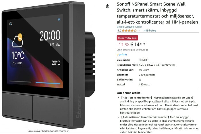 Smart hem-panel med display för temperatur, klocka, väder. Touchknappar, produktinformation på svenska.