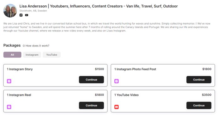 En skärmbild av en influencers profil, erbjuder olika paket för Instagram och YouTube-innehåll, med priser.