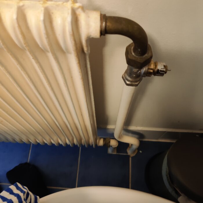 Gammal radiator bredvid en toalett, blått golv, vitmålad vägg, del av handduk synlig.