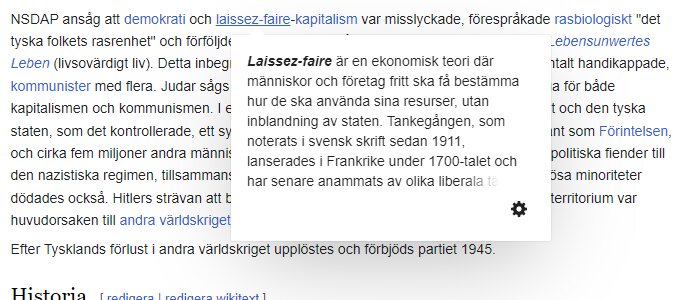 Skärmdump av text, handlar om NSDAP:s syn på demokrati och laissez-faire, samt förföljelse under andra världskriget.