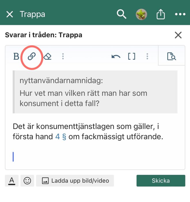 Skärmdump av ett internetforum, diskussion om konsumenträttigheter, hänvisning till konsumenttjänstlagen, svenskt språk.