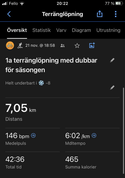 Skärmdump av löpapp visar terränglöpning på 7,05 km, -8°C, och tid på 42:36.