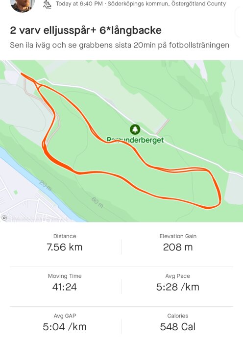 Kartöverlägg av löprunda; 7.56 km distans, 208 m höjdvinst, tid 41:24 min.