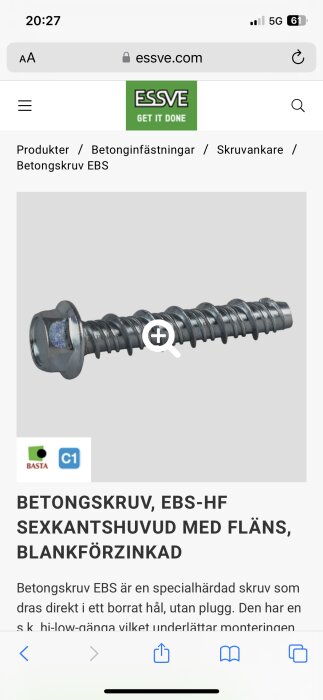 Skärmavbild från en webbsida visar betongskruv EBS-HF med sexkantshuvud, blankförzinkad från essve.com.