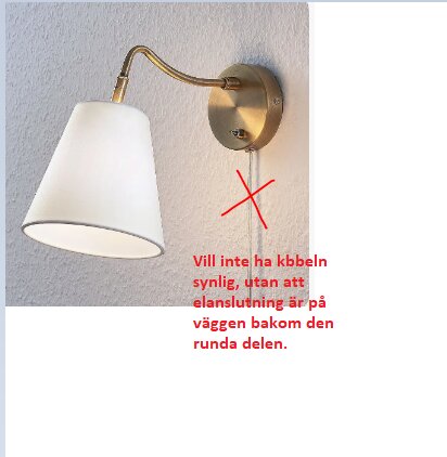 Vägglampa med synlig kabel och text anvisande önskad dold elanslutning.