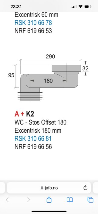 Teknisk ritning, VVS-produkt, mått, excentrisk, produktkoder, webbläsarens adressfält visar "jafo.no".