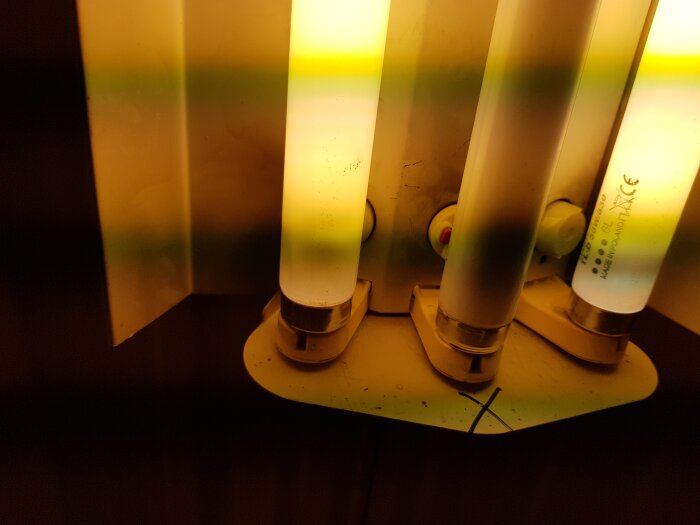 Tre fluorescerande ljusrör i armatur, smutsigt med grönaktiga fläckar, gulaktig belysning, närbild.