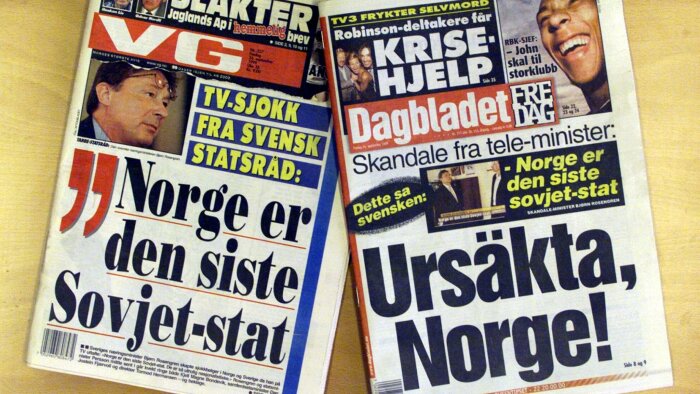 Två norska dagstidningar, VG och Dagbladet, med rubriker om politisk skandal, Norge och Sovjet.