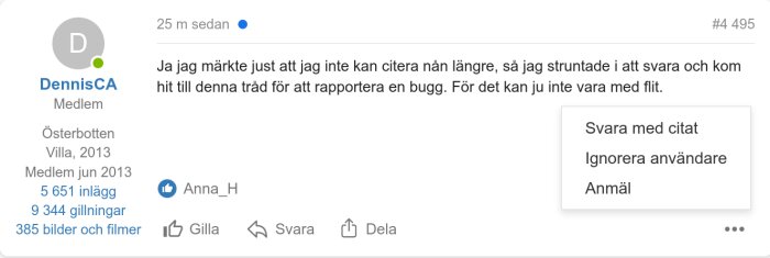 Användarprofil på forum, inlägg om bugg, svara, citera, gilla, dela funktioner, blå och grå färger.