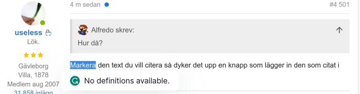 Skärmdump av forummeddelande med användarens profil, meddelandedetaljer och instruktioner för citatfunktionen.