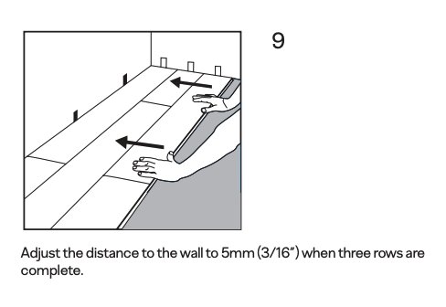 Illustration av golvinstallation, händer justerar plankor mot vägg, instruktionstext, mäta avstånd, steg nummer nio.