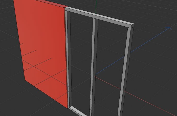 3D-modellering av röd vägg och metallram i designprogram, perspektivvy, mörk bakgrund.