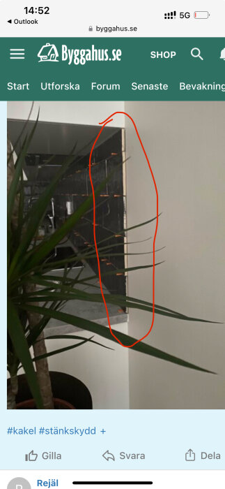 Skärmbild av en webbsida, växt framför oskarpt kökskakel, röd omkrets markerar oklart objekt.
