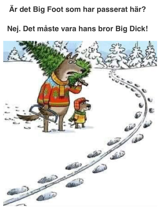 Tecknad bild: varg i kläder drar släde, lämnar fotavtryck och skämtsam text om Big Foot.