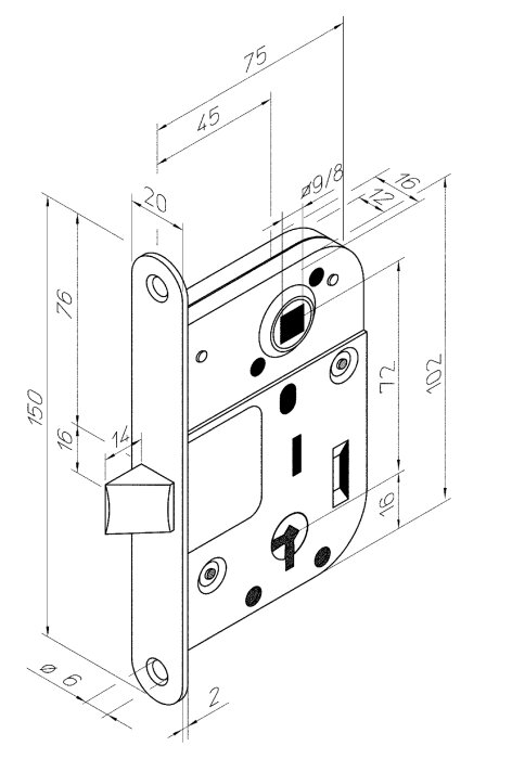 Teknisk ritning av en låsenhet med måttangivelser, inklusive låskista och nyckelhål.
