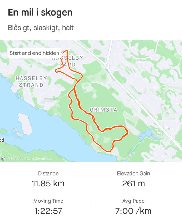 Kartskärmbild, löprunda, skog, 11.85 km, 1:22:57 tidsåtgång, oläsligt väder, Grön omgivning.