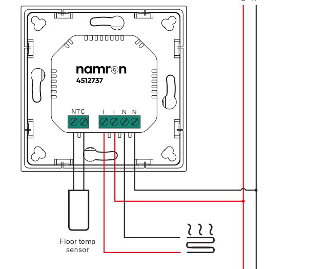 Elektriskt kopplingsschema för golvtemperatursensor, termostatkontroll, anslutningar, installationsguide, värmesystem.