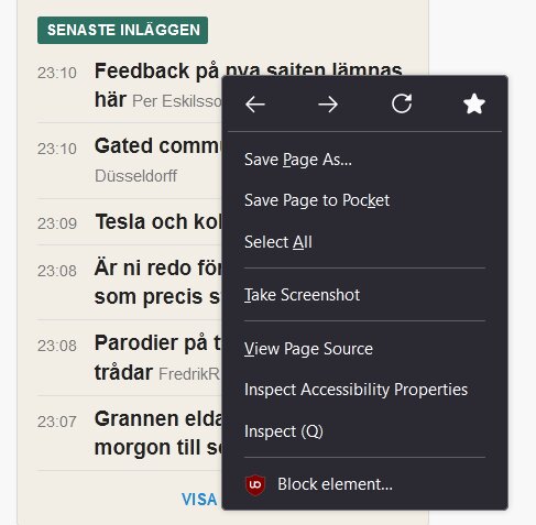 Webbläsarens kontextmeny öppen över en webbplats med senaste inlägg.