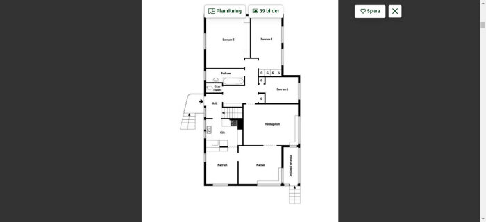 Svartvit planritning av bostad med tre sovrum, badrum, kök, vardagsrum och matplats.