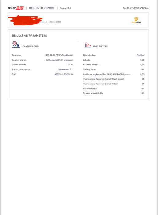 Dokument om solenergisystem, parametrar för simulering och förlustfaktorer, SolarEdge Designer Report, Göteborg och tidszon-information.