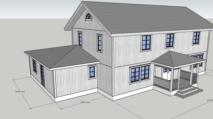 Datorgenererad bild av ett hus, måttangivelser, 3D-modell, gråskala, två våningar, framträdande veranda.