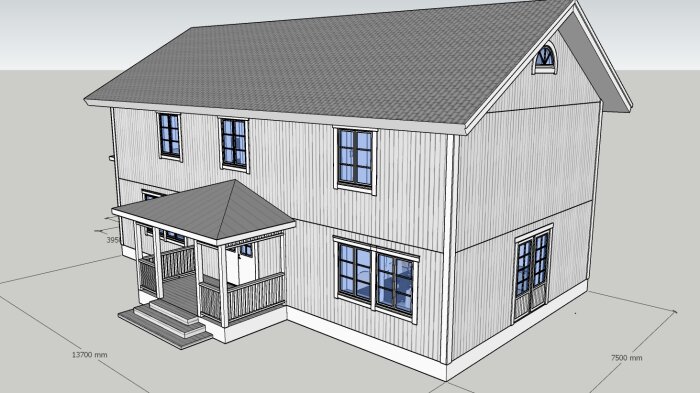 3D-modell av ett hus, grått tak, veranda, måttangivelser, vit bakgrund.