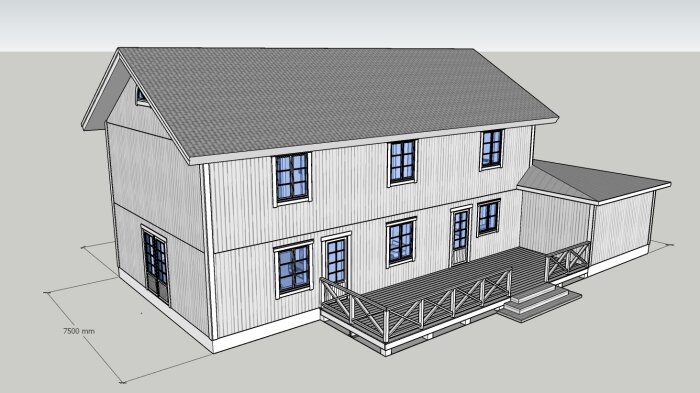 Datorgenererad bild av tvåvåningshus med lutande tak, veranda och bifogad carport, märkt med dimensioner.