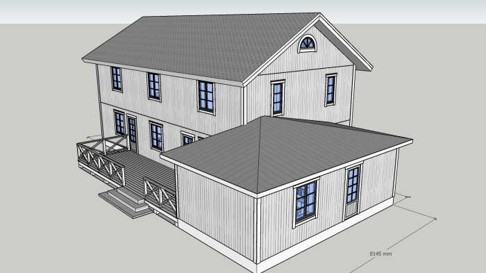 3D-modell av ett tvåvåningshus med veranda, säregna fönster och en fristående tillbyggnad.