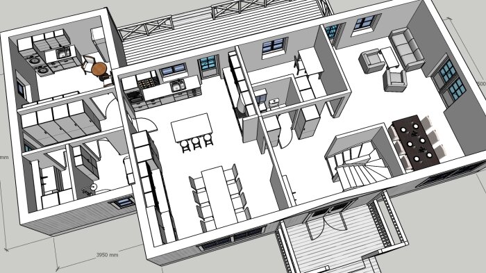 3D-ritning av ett hus interiör, möblerat, två våningar, mått angivna, perspektivskiss, modern design.