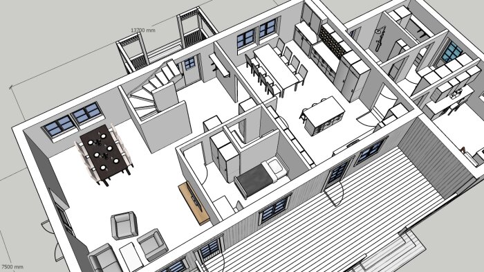3D-ritning av ett modernt kontorsplan med arbetsstationer, mötesrum och privata kontor.