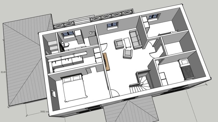 3D-modell av lägenhetsplan med möbler, dimensioner, snedtak, måttangivelser, trappa, kök, sovrum.