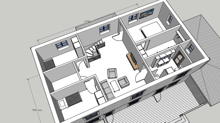 3D-ritning av en lägenhet med mått, möblering, kök, vardagsrum, sovrum, utan färger.
