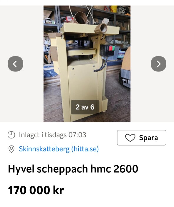 Verkstadsmaskin, hyvel Scheppach hmc 2600, begagnad, industriell utrustning, till salu, prisangivelse, inomhusmiljö.