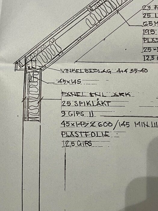 Teknisk ritning av bjälklag med måttangivelser, konstruktionsdetaljer och materialspecifikationer, handskriven text och siffror.