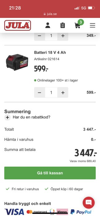 Skärmdump från Jula webbshop med varukorg som visar ett batteri och totalt belopp 3447 kronor för checkout.