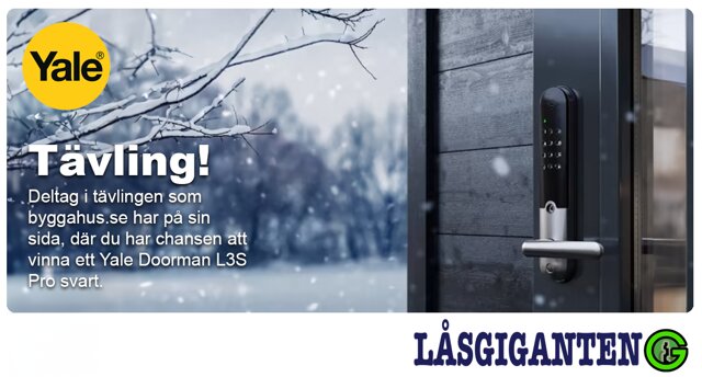 Tävling, vinn Yale Doorman L3S, snöiga grenar, dörrlås, Låsgiganten-logotyp, elektroniskt tillträde.