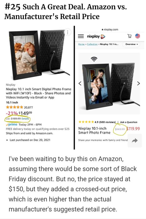 Skärmdump visar prisskillnad på digital fotoram på Amazon och nixplay.com; konsument förvirrad över rabatt och prissättning.