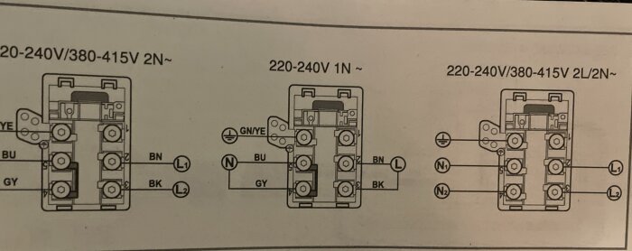 Elektriska kopplingsscheman, kontaktorer, trefas, spänningsbeteckningar, färgkodade ledningar, industriellt.