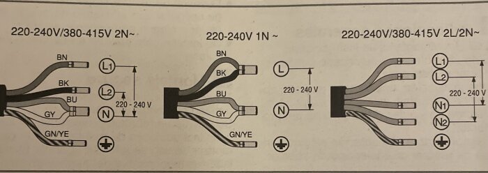 Elektriska scheman för inkoppling, spänningar angivna, flerfärgade kablar, olika konfigurationer.