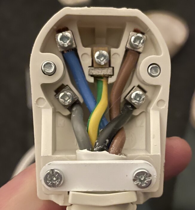 Eluttag med anslutna kablar: blå (neutral), brun (fas), gul/grön (jord), enligt europeisk standard.