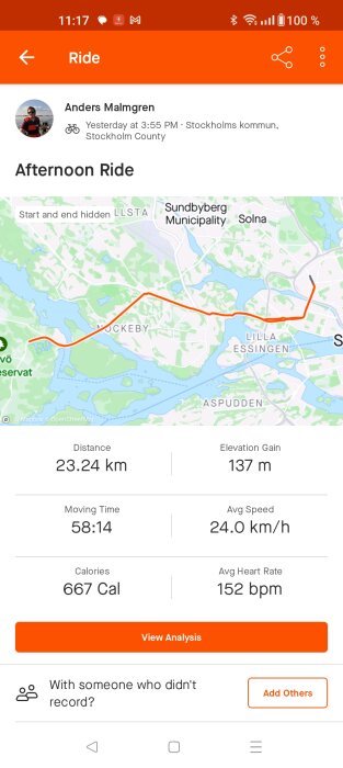 Skärmdump av cykeltur-data: sträcka, tid, hastighet, höjdvinst, kalorier, hjärtfrekvens och karta.