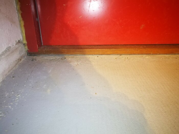En röd dörr med tröskel, smutsigt betonggolv med skräp, området nära en entré.